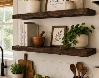 Solid Wood Farmhouse Shelf | 2" Thick | Handcrafted Floating Shelf | Kitchen Decor