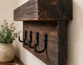 Rustic Solid Wood Key Holder with Shelf | Entryway Organizer, Black Metal Hooks