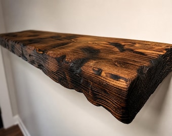 Rustic Floating Shelf | Handcrafted Burnt Wood Wall Shelf | Farmhouse 2” Thick Shelf | Raised Grain Solid Wood