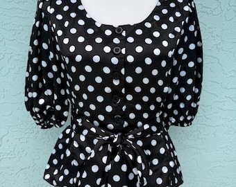 Vintage 80s Carole Little Polka Dot Blouse – 40s Inspired Artsy Boho Top (Size M)