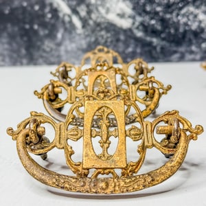 Antique Brass Bail Drawer Pulls, Set of 6 — Victorian Eastlake Pierced Backplate — 3 in. Center, Salvage Hardware
