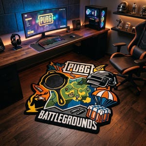 PUBG Gaming hand tufted Rug  For Carpet with Helmet, Airdrop & Map Design | Gaming Room, Bedroom, Streaming Setup Esports Decor Rug.