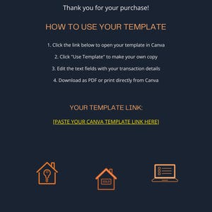 Op de afbeelding: Een donkerblauwe afbeelding met oranje tekst die luidt: "REAL ESTATE CHECKLIST BUNDLE." Instructies voor het gebruik van de sjabloon staan hieronder vermeld. Bevat pictogrammen van huizen en de tekst "SOLD."