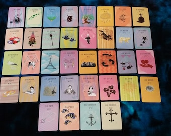 May include: A set of 36 colorful cards with various illustrations and numbers. The cards are arranged in a grid pattern on a blue surface. Each card has a number and a title, such as "1 Mirror", "2 Clover", "3 Key", and "36 Cross".