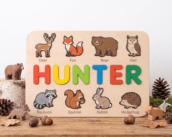 Personalized Woodland Animal Toy for Boy, Custom Wooden Name Puzzle for Toddler, First Birthday Gift, Montessori Nursery Decor