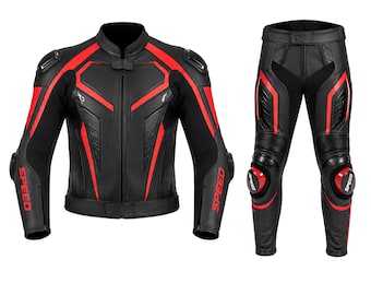 Men's Black Red Leather Motorcycle Racing Suit 2-Piece Biker Genuine Cowhide Riding Jacket Pants Track Style