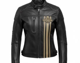 Giacca da motociclista nera da donna Harley Davidson in vera pelle di vacchetta