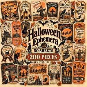 May include: A collection of vintage-style Halloween ephemera featuring 50 sheets and 200 pieces. The designs include illustrations of pumpkins, black cats, scarecrows, witches, haunted houses, and bats in orange, black, and cream color palettes.