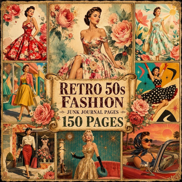 Retro 1950s Fashion Junk Journal Kit, Vintage Lady Collage Pages (Digital Download)