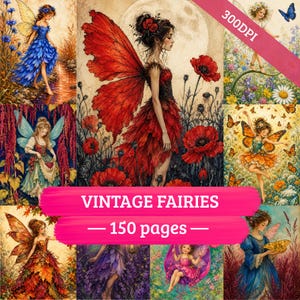May include: A digital collection of vintage fairy illustrations featuring 150 pages of artwork. The images depict various fairies with colourful wings in natural settings, including poppy fields, floral meadows, and forests. Text reads VINTAGE FAIRIES 150 pages.