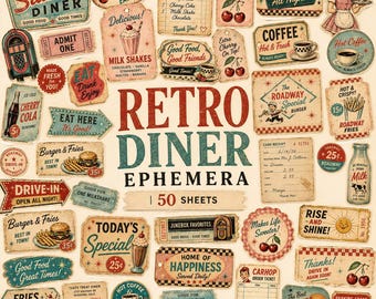 May include: A collection of 50 sheets of retro diner ephemera featuring vintage-style illustrations of milkshakes, burgers, fries, jukeboxes, and coffee. The designs include various signs, guest checks, and receipts with text like Starlite Diner.