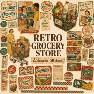 Può includere: Una collezione di 50 fogli di effimera a tema negozio di alimentari retrò, con illustrazioni in stile vintage di carrelli della spesa, prodotti alimentari e pubblicità con testo come Your Friendly Neighborhood Grocery.