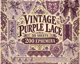 Könnte beinhalten: Eine Sammlung von Vintage-Spitzen-Ephemera in Lila mit 50 Blättern und 200 Teilen. Das Design umfasst verschiedene Spitzenborten, Schleifen, florale Motive und einen Schmetterling in Lila- und Cremetönen mit dem Text VINTAGE PURPLE LACE.