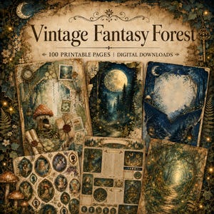 May include: A collection of 100 printable pages titled Vintage Fantasy Forest, featuring digital downloads with illustrations of moonlit forests, mushrooms, fairy-themed oval frames, and aged parchment textures with ornate borders and vintage keys.