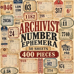 Può includere: Una collezione di 50 fogli e 400 pezzi di carta effimera in stile vintage con varie etichette stampate, biglietti ferroviari e moduli di registro. Il testo centrale recita ARCHIVIST NUMBER EPHEMERA 50 SHEETS 400 PIECES in inchiostro rosso e nero.