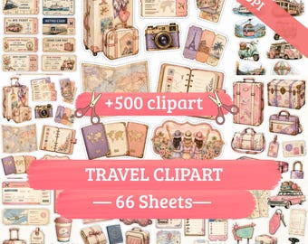 May include: A collection of travel-themed digital clipart featuring vintage suitcases, cameras, maps, boarding passes, passports, and journals. The set includes various transportation icons like trains, planes, and cars, all rendered in a soft, muted color palette.