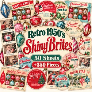 May include: A collection of 50 sheets and 350 pieces of vintage-style Christmas ephemera featuring Shiny Brite glass ornaments, retro holiday packaging, record labels, and festive imagery with text including Retro 1950's Shiny Brites.