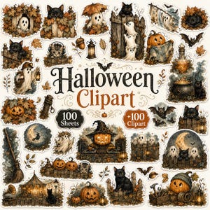May include: A collection of Halloween-themed stickers featuring black cats, ghosts, pumpkins, bats, and autumn leaves. The central text reads Halloween Clipart with 100 Sheets and +100 Clipart labels. The illustrations are rendered in a vintage style.