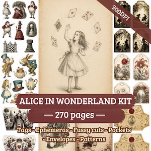May include: A digital Alice in Wonderland kit featuring 270 pages of ephemera, tags, fussy cuts, pockets, envelopes, and patterns. The collection includes vintage-style illustrations of Alice, playing cards, and characters in sepia tones.