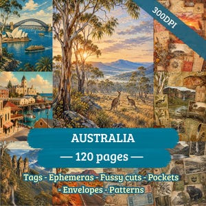 Peut inclure: Un livre de collage numérique intitulé AUSTRALIA de 120 pages avec des étiquettes, éphémères, découpages, pochettes, enveloppes et motifs. La couverture présente divers paysages australiens dont l'Opéra de Sydney, des kangourous et l'outback.