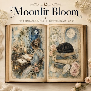 May include: An open book with the title "Moonlit Bloom" and the text "99 Printable Pages | Digital Downloads." The book's pages feature watercolor illustrations of a woman writing by candlelight and a black cat sleeping on books, surrounded by flowers.