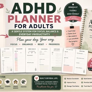 Puede incluir: Una agenda TDAH para adultos con cubierta de espiral y dibujos de hojas verdes. El conjunto incluye varios diseños de página para enfoque diario, bloques de tiempo y seguimiento de hábitos, junto a una taza con texto y notas adhesivas motivadoras.