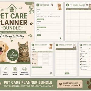May include: A pet care planner bundle featuring five printable pages with a cream and green color scheme. The pages include a pet profile, health tracker, feeding schedule, expense tracker, and care checklist, decorated with dog and cat illustrations.