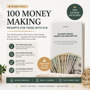 May include: A digital product guide titled 100 Money Making Prompts for Teens with PLR, featuring a book cover with a fan of US dollar bills. The text highlights 100 profitable ideas, PLR license included, easy to use, and no experience needed.