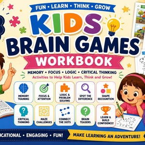 Op de afbeelding: Een Kids Brain Games werkboek met 30 boeiende activiteiten om jonge geesten te stimuleren. De kaft toont kleurrijke illustraties van kinderen, educatieve iconen voor geheugen, logica en focus, en voorbeelden van doolhofpuzzels.