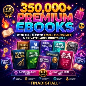 Op de afbeelding: Een digitale afbeelding met de tekst 350,000+ PREMIUM EBOOKS WITH FULL MASTER RESELL RIGHTS (MRR) & PRIVATE LABEL RIGHTS (PLR). De afbeelding toont diverse boekomslagen met titels als Financial Freedom, AI Mastery, Digital Marketing, Wealth Building, Health & Longevity, Personal Development, Cryptocurrency en Online Business, omringd door iconen zoals een kluis, een sleutel en vuur.