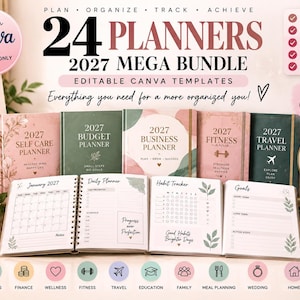 Puede incluir: Un paquete de 24 plantillas de planificadores editables en Canva para 2027, con portadas para autocuidado, presupuesto, negocios, fitness y viajes. Los planificadores abiertos muestran calendarios mensuales, agendas diarias, rastreadores y metas.