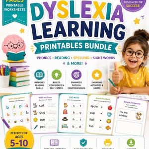 Puede incluir: Un paquete de hojas de trabajo Dyslexia Learning con 100 páginas para edades de 5 a 10 años. La portada muestra iconos educativos, un cerebro de dibujos animados y ejercicios de muestra como reconocimiento de letras y juegos de emparejar.