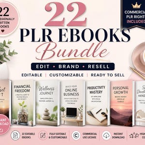 Op de afbeelding: Een digitaal pakket van 22 professioneel geschreven e-books met commerciële PLR-rechten. De afbeelding bevat de tekst 22 PLR EBOOKS Bundle, Edit, Brand, Resell en toont zeven boekomslagen met de titels The Mindset Shift, Financial Freedom, Wellness Journey, Build Your Online Business, Productivity Mastery, Personal Growth en Self Development Handbook.