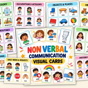 Peut inclure: Une collection de cartes visuelles de communication non verbale présentant des illustrations colorées de lieux, métiers, objets, activités, famille, émotions, gestes et besoins quotidiens. Chaque carte inclut une étiquette avec du texte.