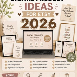 May include: A digital product guide titled 50,000+ Digital Product Ideas for Etsy 2026, featuring a laptop displaying a passive income workflow, various planner templates, a list of niche categories, and bonus sections for SEO and research tips.