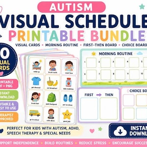 May include: A printable autism visual schedule bundle featuring 50 visual cards with illustrations for daily tasks like brushing teeth and getting dressed. Includes a morning routine chart, a first-then board, and a choice board with colourful icons.