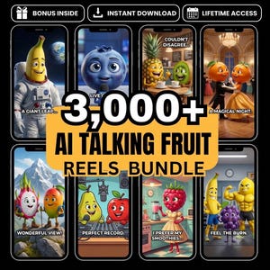 May include: A digital collection of 3,000+ AI talking fruit reels featuring animated characters like a banana astronaut, a blueberry reporter, dancing oranges, and a raspberry in a kitchen, all displayed on smartphone screens with text overlays.