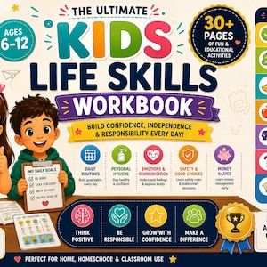 Op de afbeelding: De omslag van het Ultimate Kids Life Skills Workbook toont een getekend meisje en jongen met een groen notitieboek, een klembord met dagelijkse doelen en kleurrijke iconen voor routines, hygiëne, emoties en veiligheid voor kinderen van 6-12.