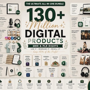 130+ Million Digital Products Bundle | PLR MRR Canva Templates, Ebooks (Instant Download)