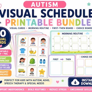 Può includere: Un set stampabile di pianificazione visiva per l'autismo che include 50 carte visive, una tabella per la routine mattutina, una tavola prima-dopo e una tavola delle scelte. Il design presenta testo colorato, illustrazioni e icone.
