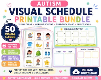 Autism Visual Schedule Bundle | 50 Cards, Morning Routine, First-Then Board (Digital Download)