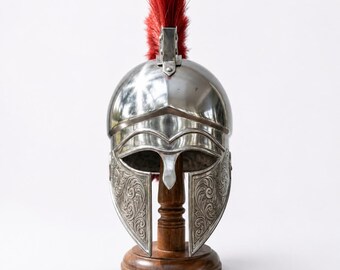 Engraved Spartan Helmet with Red Plume | Steel Corinthian Armor Replica Display
