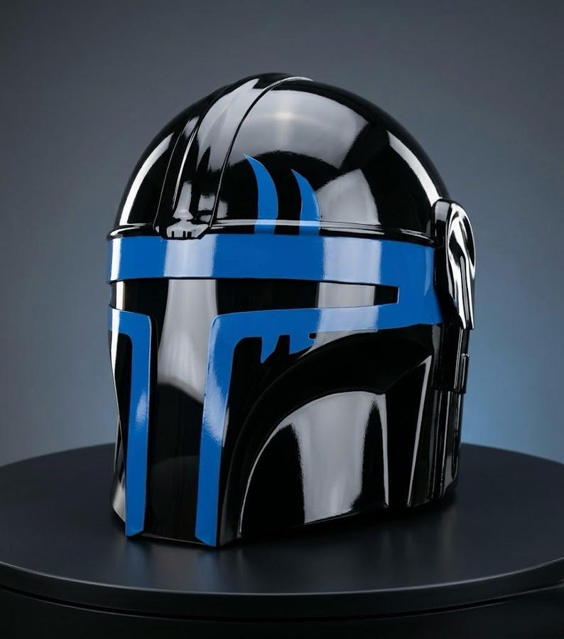 Casque de chasseur de primes de science-fiction | Heaume de mercenaire en acier fabriqué à la main | Armure de guerrier cyberpunk pour GN cosplay | Casque portable Galactic Knight Black Blue
