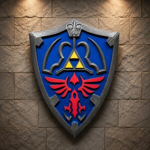 Könnte beinhalten: Ein Schild mit blauem Grund und einem metallisch silbernen Rand. In der Mitte befindet sich ein gelbes dreieckiges Emblem über einem roten vogelartigen Wappen mit ausgebreiteten Flügeln. Das Design umfasst silberne Akzente und eine Spitze.