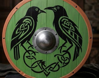Viking Shield with Huginn Muninn Ravens | Celtic Knotwork Norse Wall Decor Armor