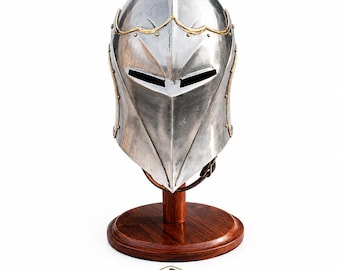 Steel Knight Helmet with Plume and Wooden Stand – Medieval Armor Display Piece