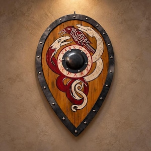 Bouclier viking en bois fait main, motif de dragon nordique, bordure en fer, dimensions personnalisées (28 x 18 pouces)