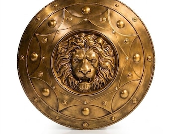 Handcrafted Bronze Lion Shield – Ornate Medieval Greek Spartan Wall Decor
