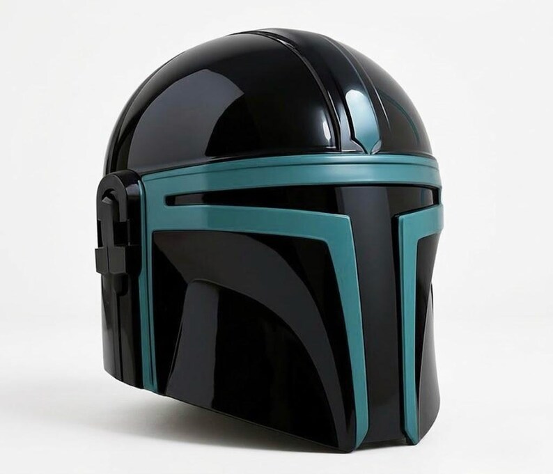 Casque de chasseur de primes de science-fiction | Heaume de mercenaire en acier fabriqué à la main | Armure de guerrier cyberpunk pour GN cosplay | Casque portable Galactic Knight Cyan Black