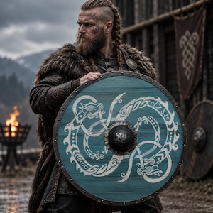 May include: A round wooden shield featuring a teal painted surface with a white intricate serpent knotwork design and a central dark metal boss. The shield has a dark metal rim secured with small rivets, showcasing a weathered wood grain texture.